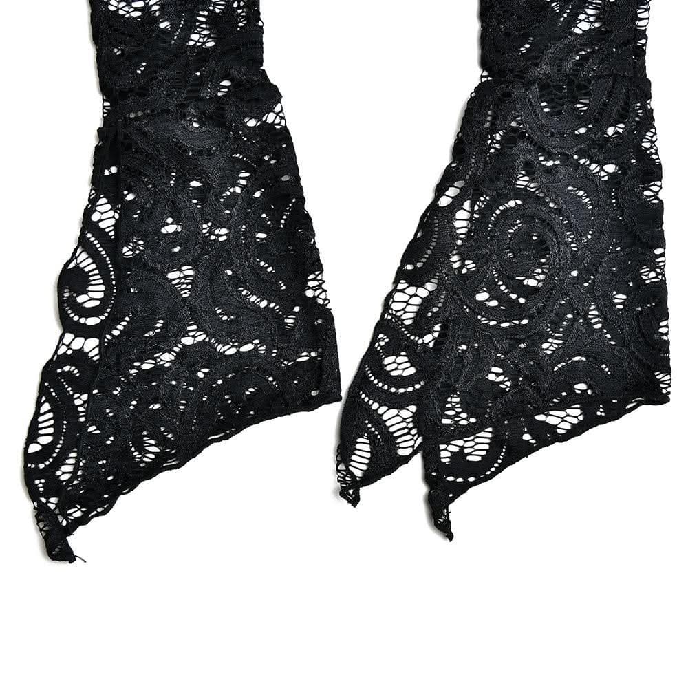 Flared sleeve v neck lace see through solid top-final-sale