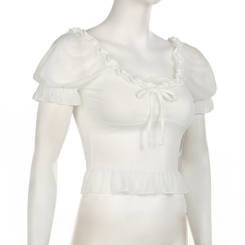 Short puff sleeve ruffle ruched knotted crop top