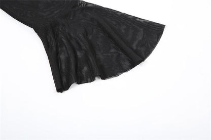 Long flared sleeve mesh see through lace up crop top