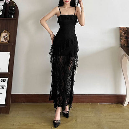 Square neck ruffle slit cami maxi dress