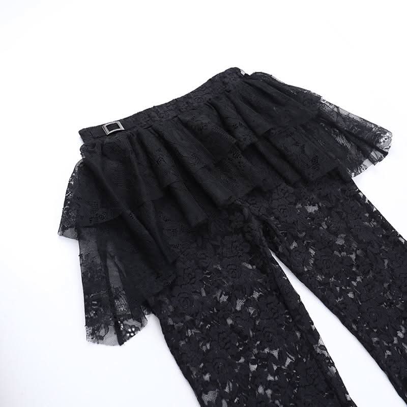 Ruffle lace buckle irregular medium rise pant