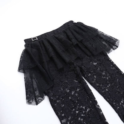 Ruffle lace buckle irregular medium rise pant