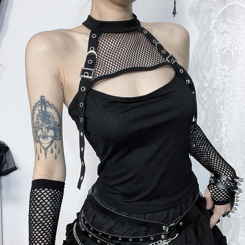 Fishnet gloves patchwork hollow out cut out top