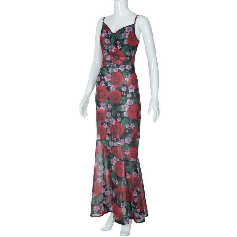 Cowl neck flower print zip-up contrast backless cami maxi dress-final-sale