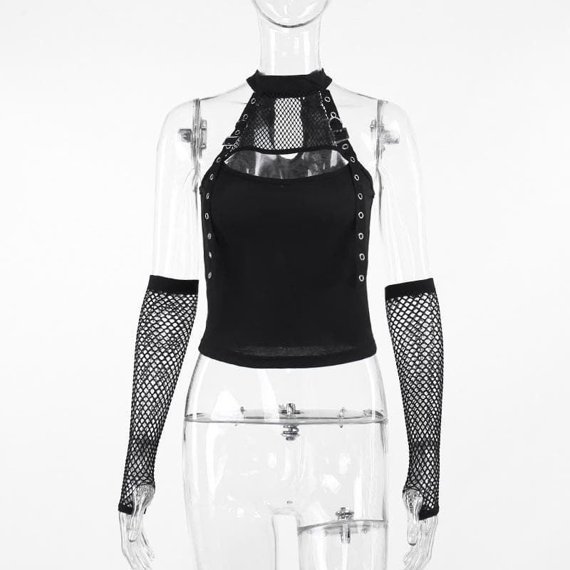 Fishnet gloves patchwork hollow out cut out top