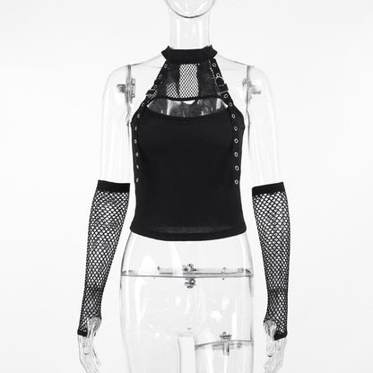 Fishnet gloves patchwork hollow out cut out top