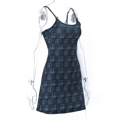 Plaid Scoop Neck Spaghetti Strap Metal Tag Button Cami Mini Dress