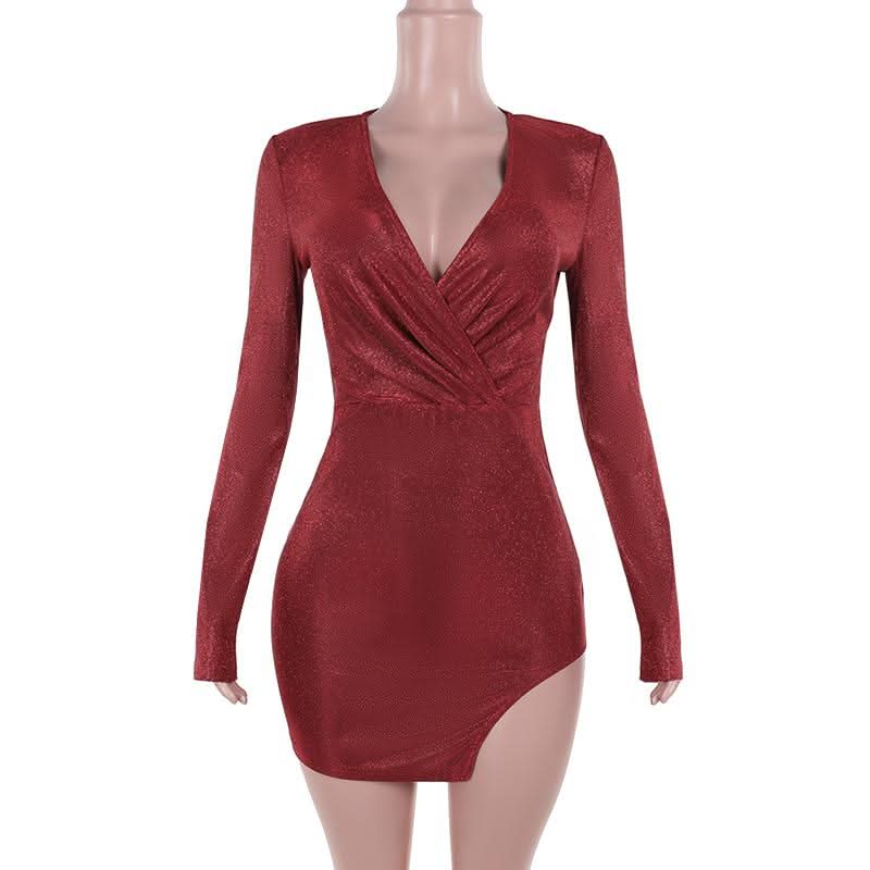 V neck long sleeve ruched slit glitter mini dress