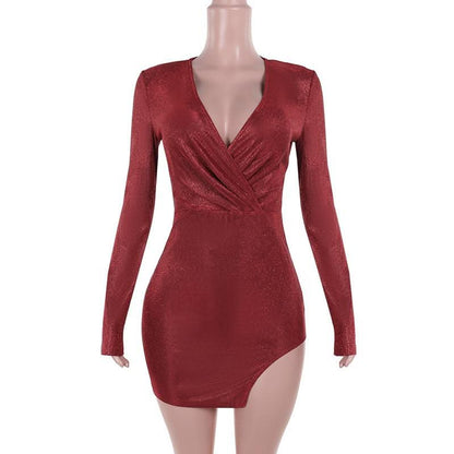 V neck long sleeve ruched slit glitter mini dress