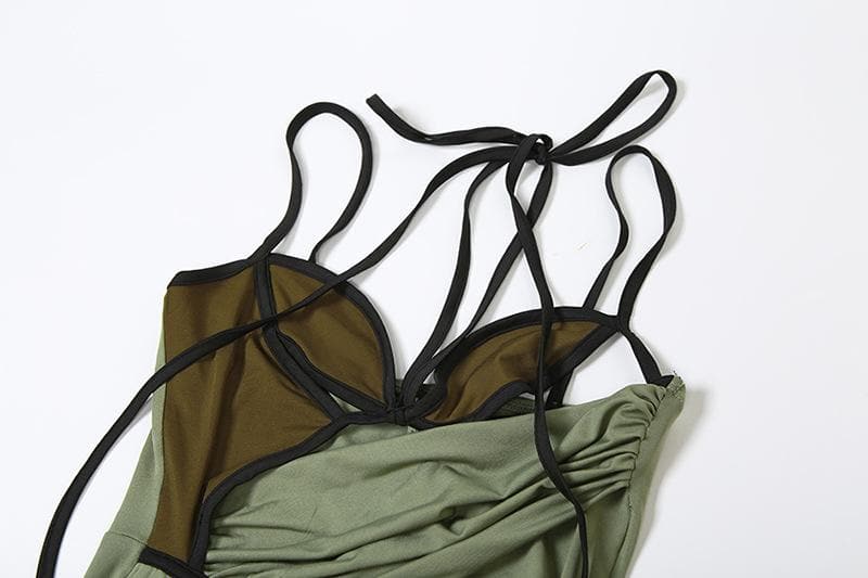 Halter contrast hollow out slit cami cut out midi dress