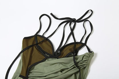 Halter contrast hollow out slit cami cut out midi dress