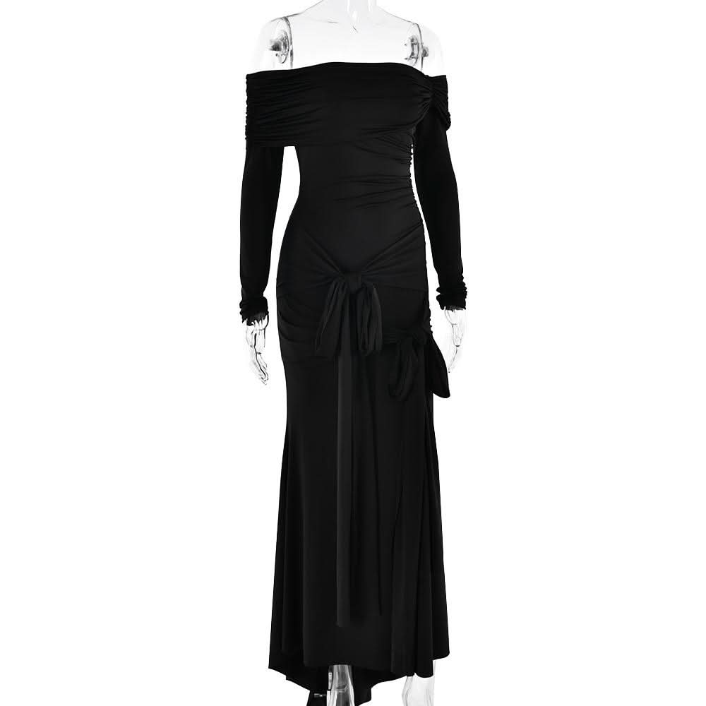 Off shoulder long sleeve ruched self tie maxi dress