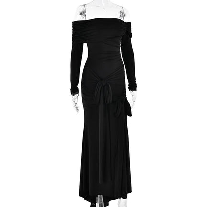 Off shoulder long sleeve ruched self tie maxi dress