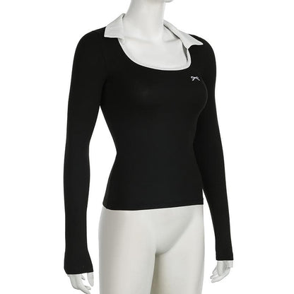 Long sleeve turnover collar bowknot embroidery top