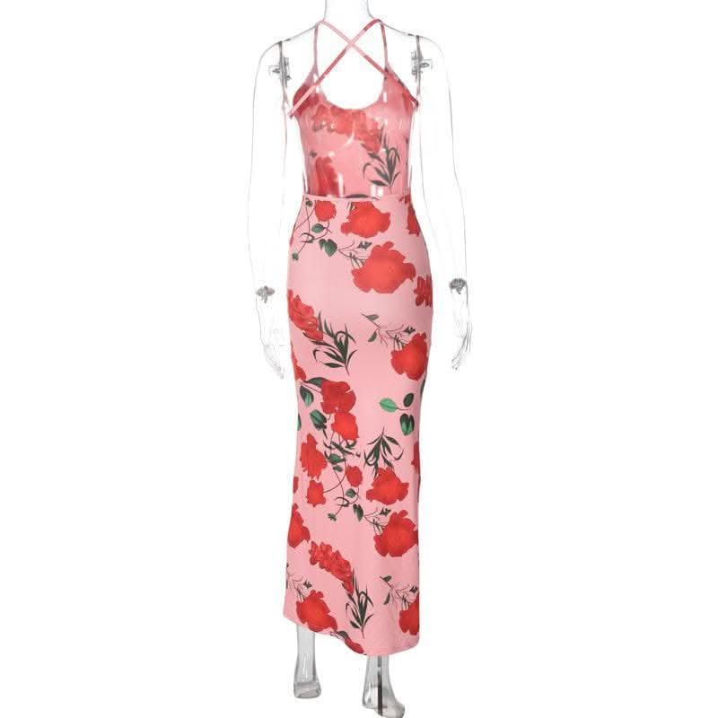 Flower print u neck cross back backless cami midi dress-final-sale