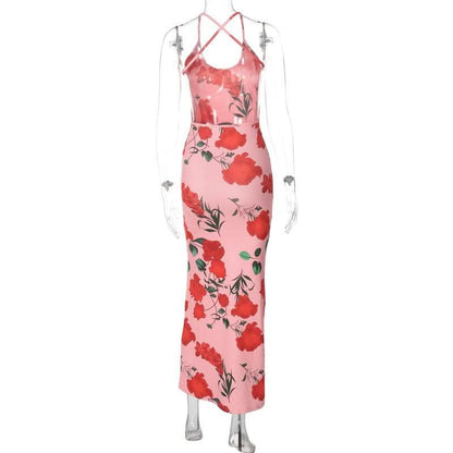 Flower print u neck cross back backless cami midi dress-final-sale