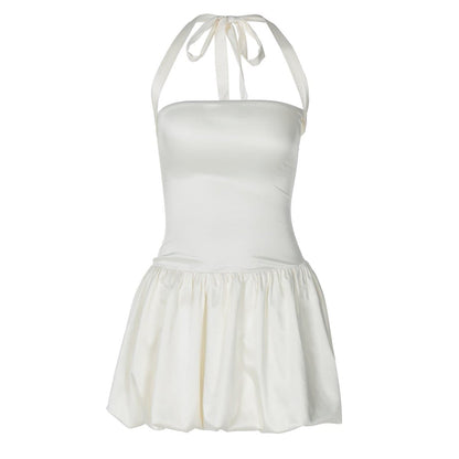 Halter ruched knotted solid mini dress