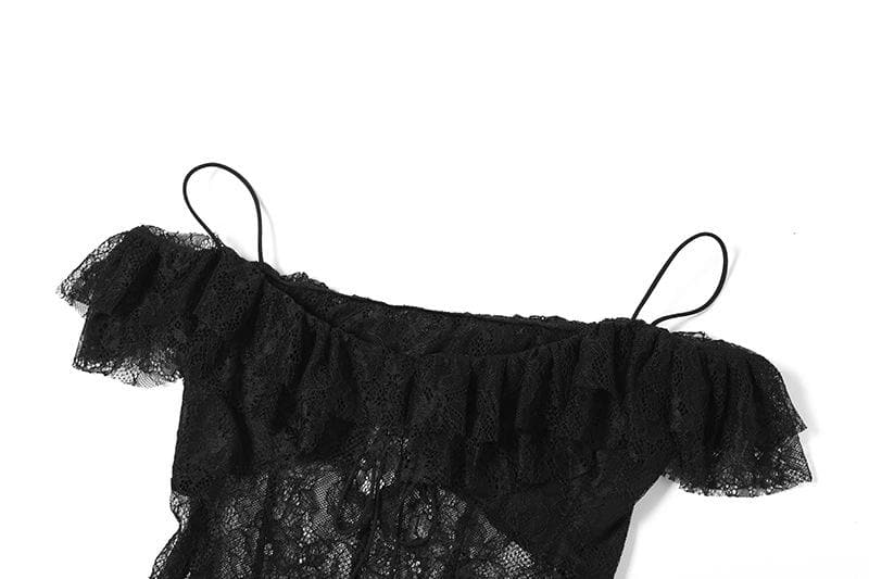 Off shoulder lace ruffle hollow out cut out top