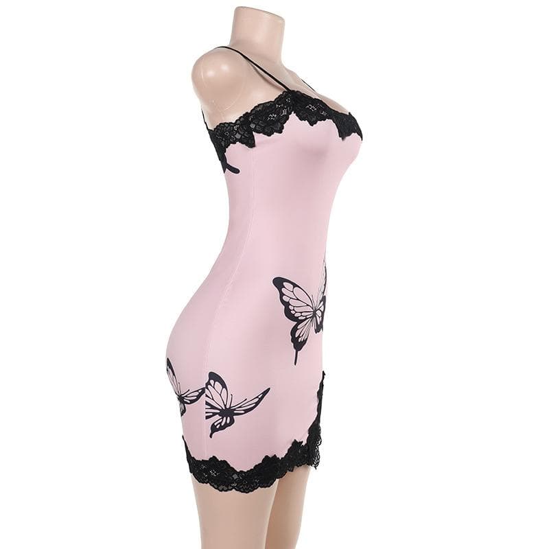 Lace hem butterfly print slit cami mini dress