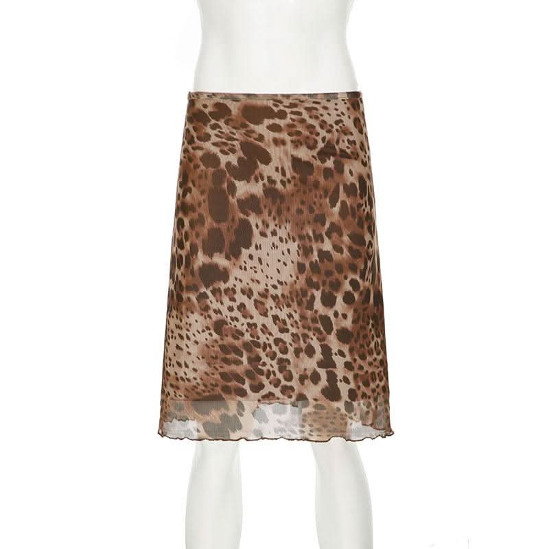 Leopard print mesh low rise midi skirt