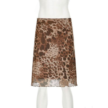 Leopard print mesh low rise midi skirt