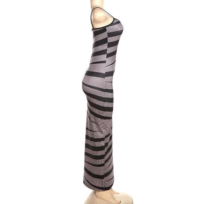 Spaghetti Strap Horizontal Stripe Ribbed Panel Bodycon Maxi Dress
