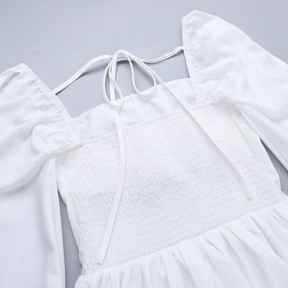 Long sleeve self tie square neck smocked mini dress
