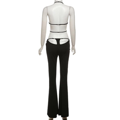Halter hollow out solid backless pant set