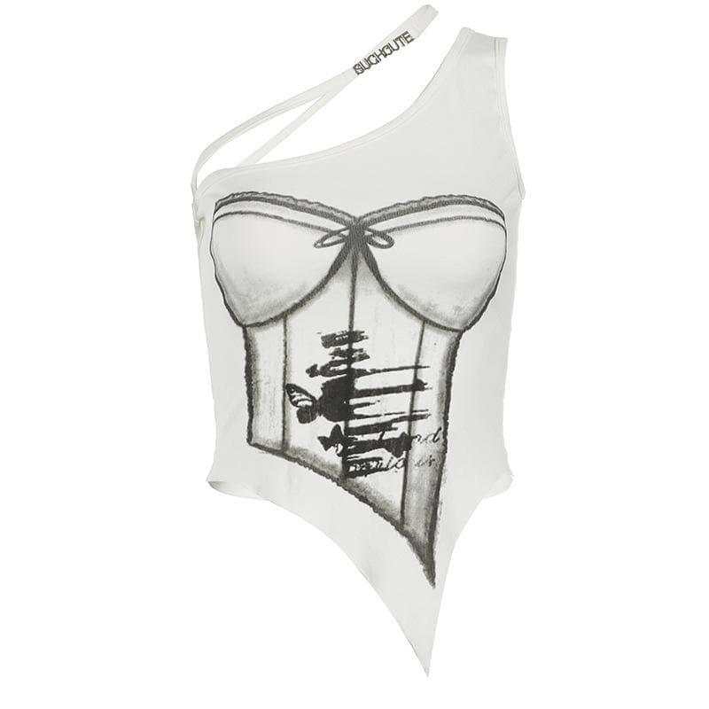 One shoulder print metal applique top