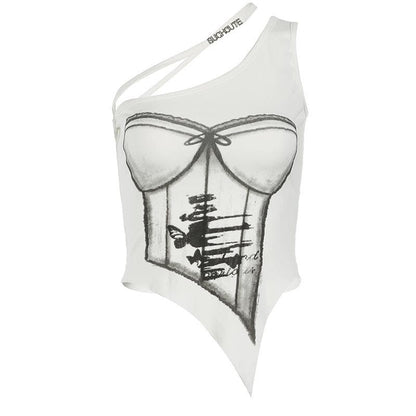 One shoulder print metal applique top