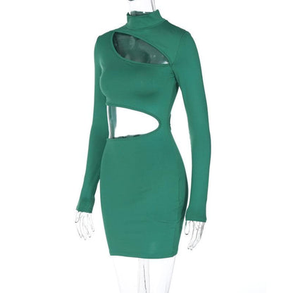 Mock Neck Long Sleeve Asymmetrical Cutout Bodycon Mini Dress