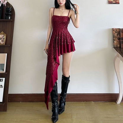 Square neck glitter irregular cami mini dress
