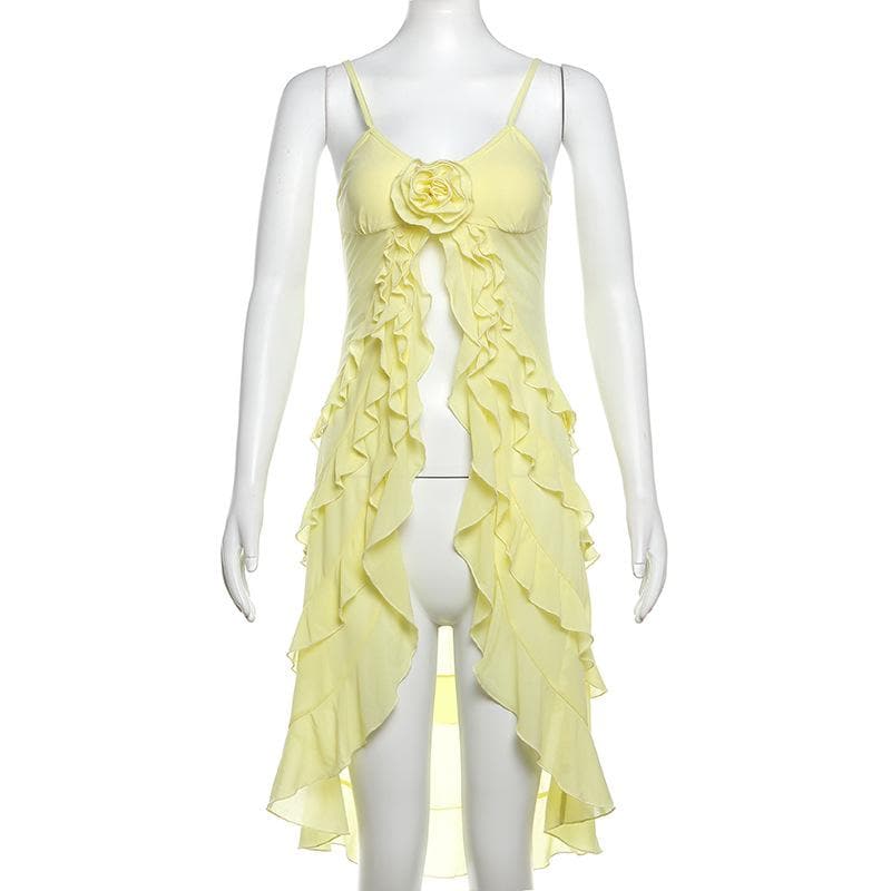 Rose applique ruffle u neck mesh cami top