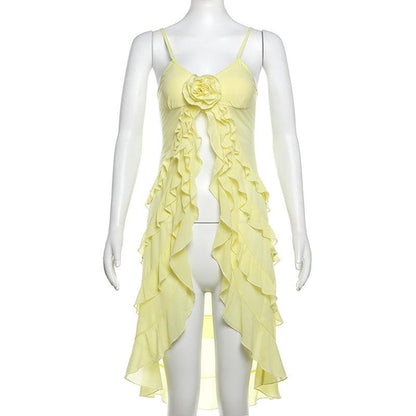 Rose applique ruffle u neck mesh cami top
