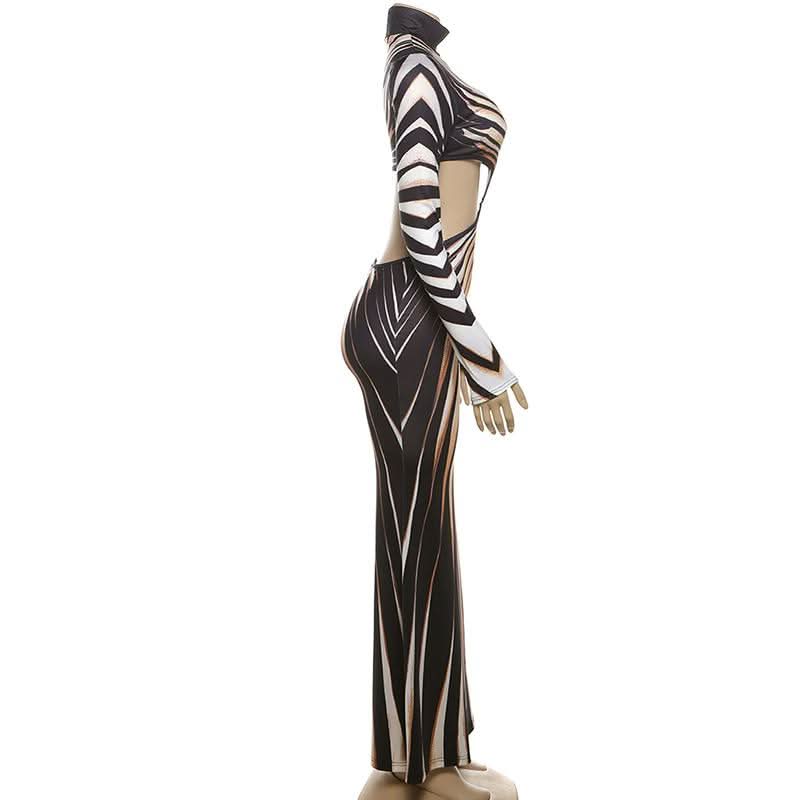 High neck long sleeve hollow out print contrast cut out maxi dress