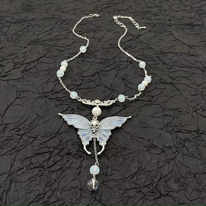 Blue butterfly pendant beaded necklace