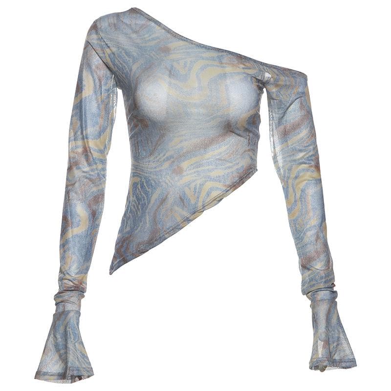 Long flared sleeve irregular one shoulder sheer mesh top