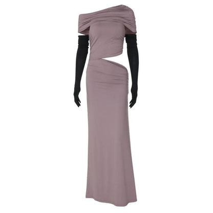 One shoulder gloves ruched hollow out cut out maxi dress-final-sale