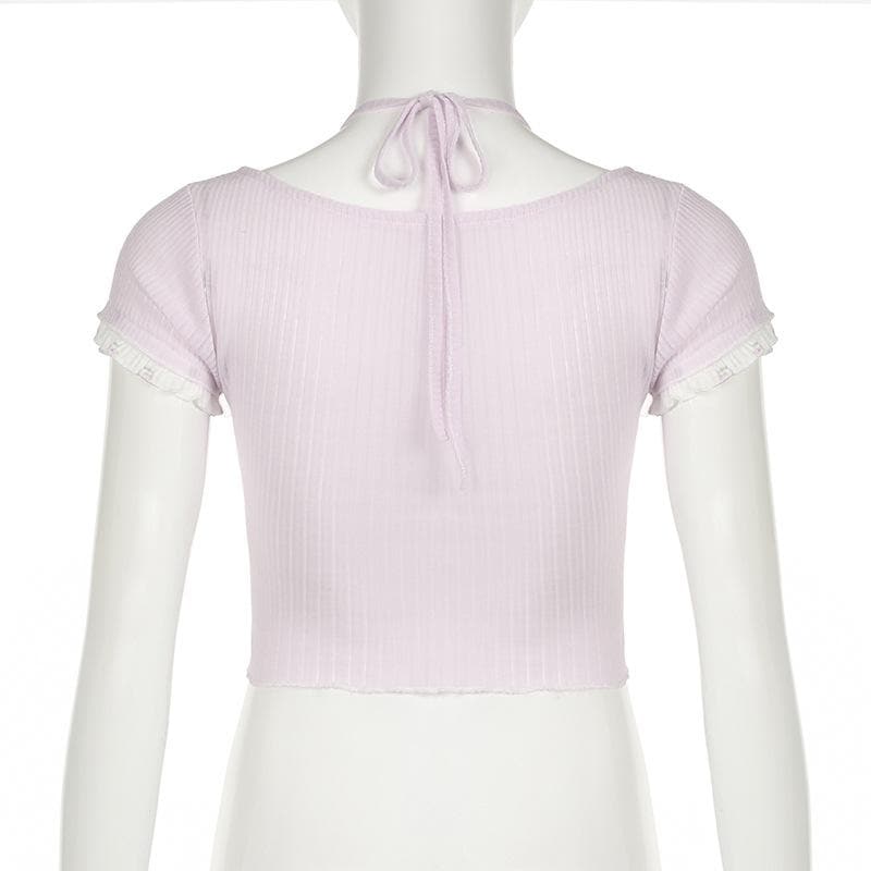 Halter textured print ruffle crop top