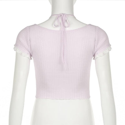 Halter textured print ruffle crop top