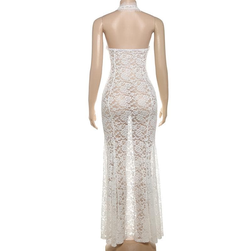 Halter lace see through hollow out cut out maxi dress
