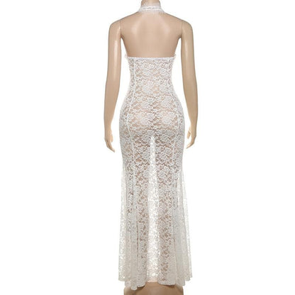 Halter lace see through hollow out cut out maxi dress
