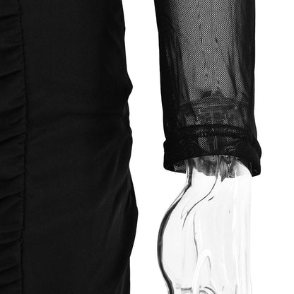 Long sleeve ruched mesh patchwork maxi dress