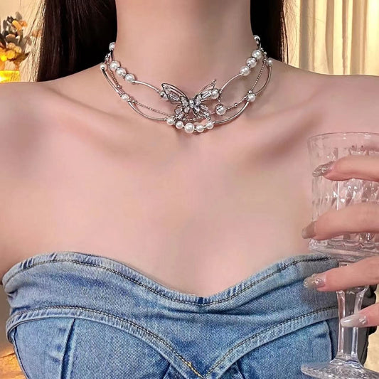 Layered faux pearl butterfly decor choker necklace
