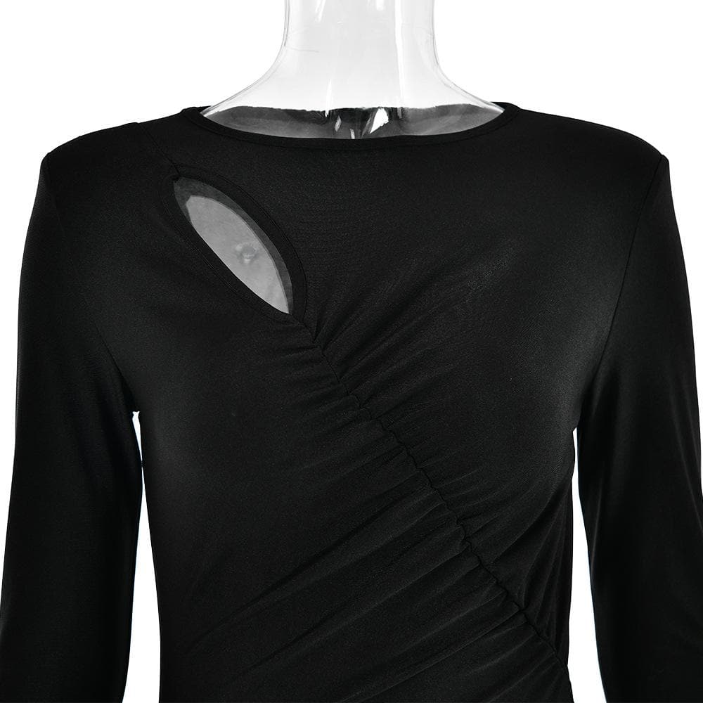 Ruched solid hollow out irregular long sleeve cut out maxi dress