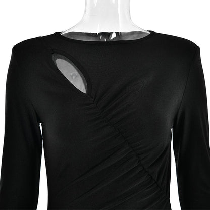 Ruched solid hollow out irregular long sleeve cut out maxi dress