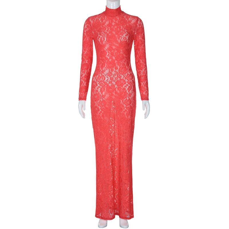 Long sleeve high neck see through lace maxi dress
