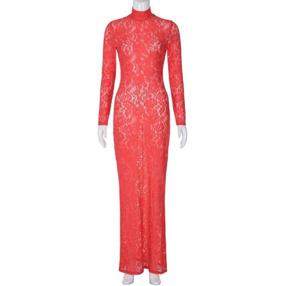 Long sleeve high neck see through lace maxi dress