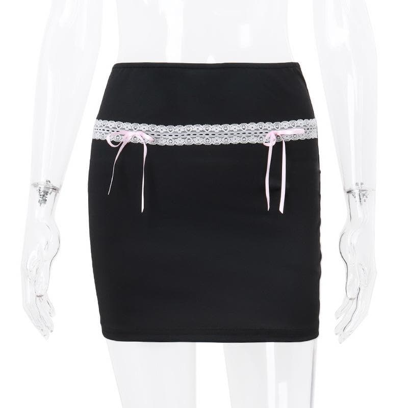 Bowknot lace hem ribbon A line contrast mini skirt