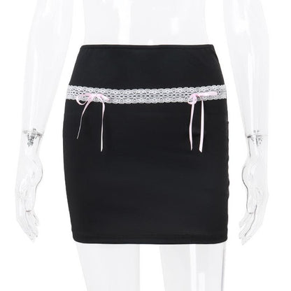 Bowknot lace hem ribbon A line contrast mini skirt